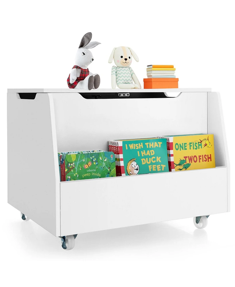 Gymax Kids Toy Box Wooden Storage Chest Bench w/ Bookshelf Wheels Safety Hinge Lid