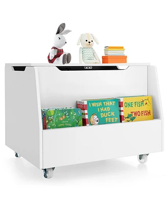 Gymax Kids Toy Box Wooden Storage Chest Bench w/ Bookshelf Wheels Safety Hinge Lid