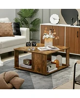 Sugift 2 Tiers Square Coffee Table with Storage and Non-Slip Foot Pads-Rustic Brown