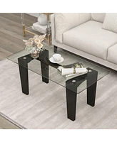 Sugift 39.5 Inch Glass Coffee Table Modern Rectangular Center Table with Solid Rubber Wood Legs-Black