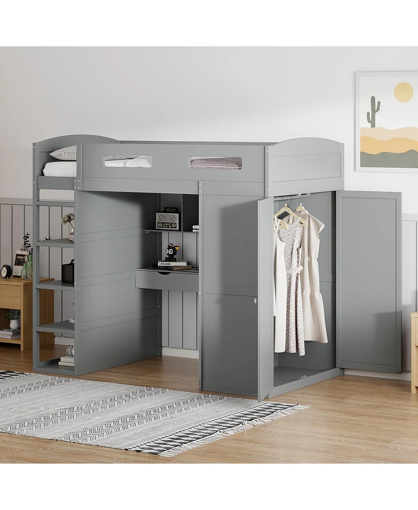 Simplie Fun Twin Size Loft Bed with Desk, Wardrobes, 4 Drawers and 4 Shelves-Gray