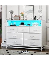 gaomon Modern 7-Drawer Dresser with Charging Station and Led Lights