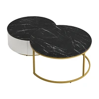 Modern Round Nesting Coffee Table Fluted with Drawer in Black & Gold in 31.5"