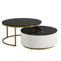 Streamdale Furniture Modern Round Nesting Coffee Table Fluted with Drawer in Black & Gold in 31.5"