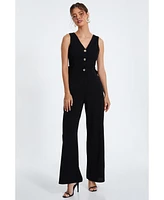 Quiz Women's Button Front Scuba Crepe Jumpsuit With Open Back