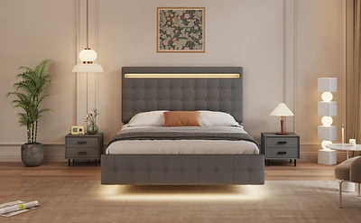 Streamdale Furniture Queen Platform Bed Frame with Led Headboard and Upholstery