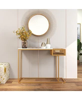 Sugift Rectangular White Faux Marble Console Table with Storage-Gold