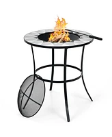 Sugift 23.5 Inches Round Fire Pit Table with Mesh Cover and Fire Poker