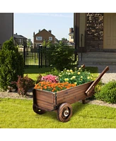 Sugift Wooden Wagon Planter Box with Wheels Handles and Drainage Hole-Rustic Brown