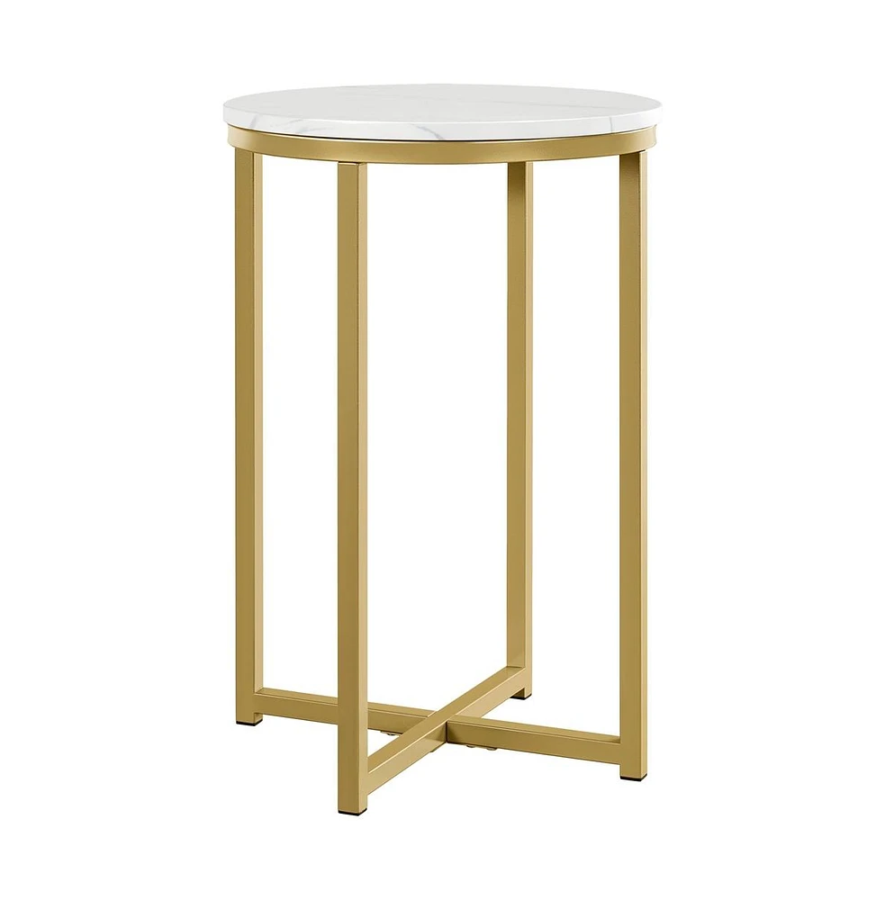 Yaheetech X-Based Faux Marble Side Table, Round Tabletop, Sturdy Metal Legs Mustard Gold