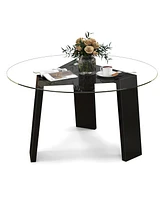 Skonyon 29.5 Inch Round Glass Coffee Table with Solid Rubber Wood Legs for Living Room Home Office Small Space-Black