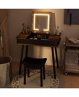 Skonyon Vanity Table Set with Flip Top Mirror Lights Usb Writing Desk and Stool-Brown