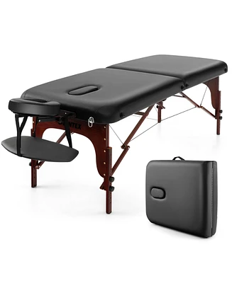 Sugift Folding Massage Table with Height-adjustable Beech Wood Frame-Black