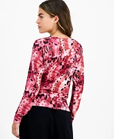 Bar Iii Petite Printed Knit Cowlneck Long-Sleeve Top, Created for Macy's