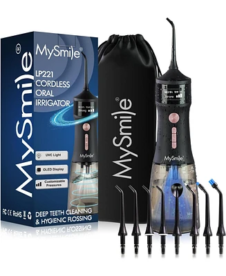 MySmile LP221 Uvc Sterilizable Cordless Water Flossers for Teeth 335ML Portable Oled Display Dental Flosser with 4 Modes 8 Jet Tips and a Storage Pouc