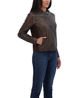 Sebby Collection Women's Garment Dyed Faux Leather Zip Front Jacket With Detachable Sweater Knit Hood