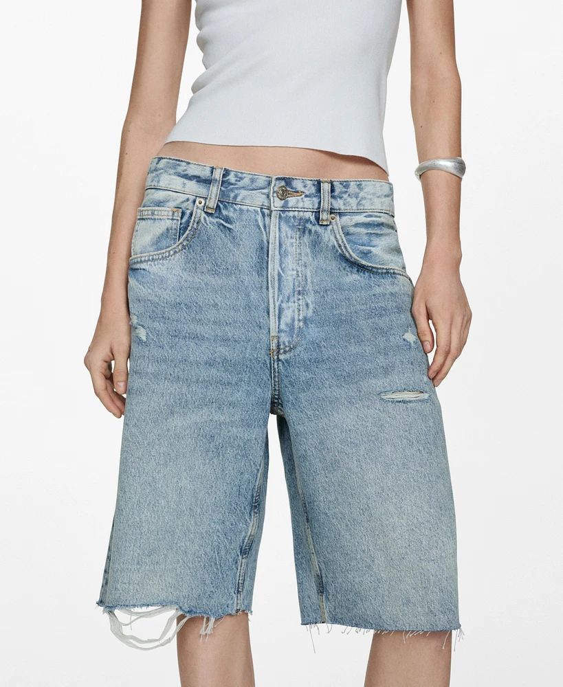 Mango Women's Decorative Ripped Denim Bermuda Shorts