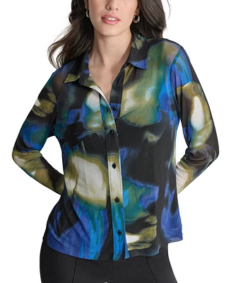 Dkny Petite Abstract-Print Button-Down Collared Mesh Shirt