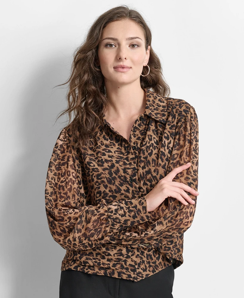 Dkny Women's Animal-Print Long-Sleeve Button-Down Collared Top