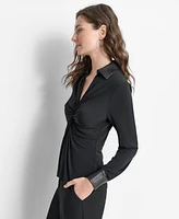 Dkny Women's Knot-Front Faux-Leather-Trimmed Collared Top