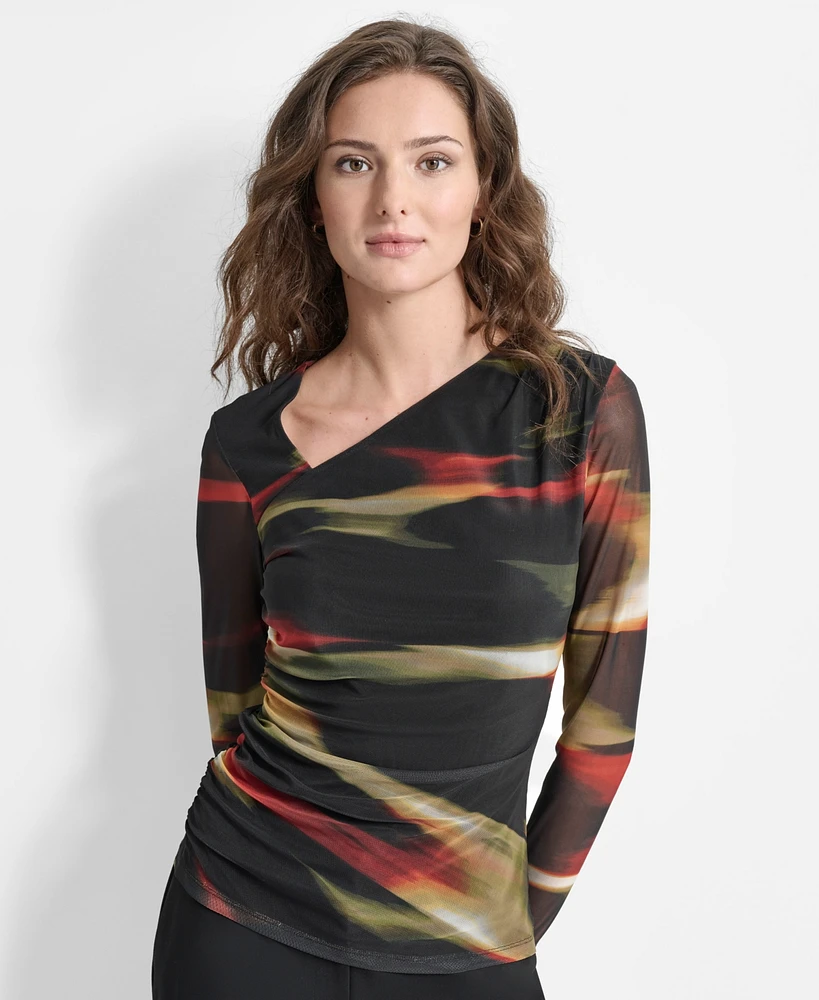 Dkny Petite Asymmetrical Ruched Abstract-Print Top