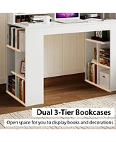 Skonyon Computer Desk with Dual 3-Tier Bookshelf and Monitor Shelf-White
