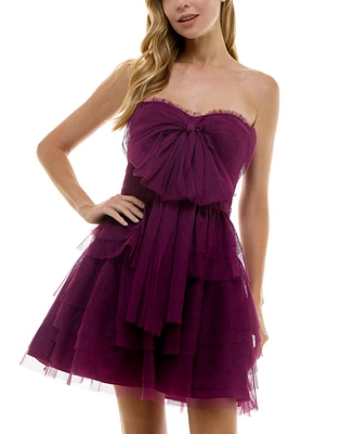 City Studios Juniors' Strapless Bow-Front Tiered Dress