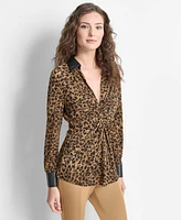 Dkny Women's Animal-Print Knot-Front Faux-Leather-Trimmed Collared Top