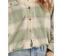 Lucky Brand Women's Cotton Raw Edge Plaid Cropped Button Down Top