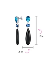 Bling Jewelry Linear Multi Color Black Natural Onyx Blue Turquoise Navy Sodalite Rose Quartz Chandelier Elongated Long Teardrop Dangling Earrings