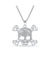 Bling Jewelry Goth Biker Chick Pirate Skull And Crossbones Pave Cubic Zirconia Cz Pendant Necklace For Women For Sterling Silver