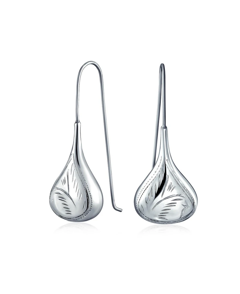 Bling Jewelry Carved Etched Puffed Pear Shaped Rain Drop Teardrop Earrings For Women Fishhook Sterling Silver 2Inch