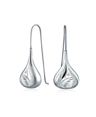 Bling Jewelry Carved Etched Puffed Pear Shaped Rain Drop Teardrop Earrings For Women Fishhook Sterling Silver 2Inch