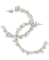 Kate Spade New York Silver-Tone Medium Cubic Zirconia, Imitation Pearl & Mother-of-Pearl Flower C-Hoop Earrings, 1.63"