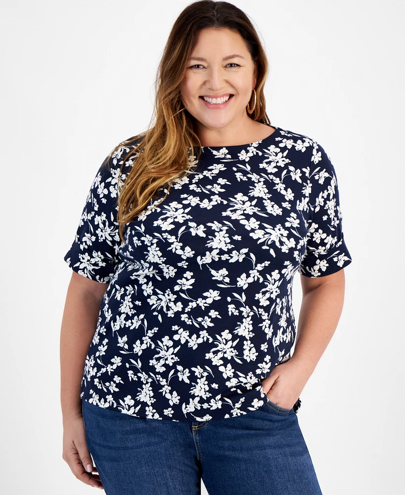 Style & Co Plus Size Printed Boat-Neck Elbow-Sleeve Top