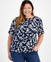 Style & Co Plus Size Printed Boat-Neck Elbow-Sleeve Top, Created for Macy's