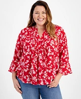 Style & Co Plus Size Printed V-Neck Pintuck 3/4-Sleeve Top, Created for Macy's