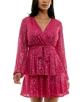 Trixxi Juniors' Sequin Surplice-Neck Tiered Mini Dress