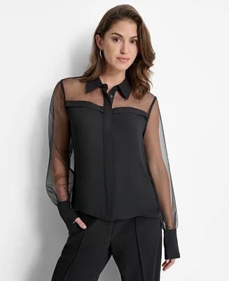 Dkny Women's Mixed-Media Organza Long-Sleeve Blouse