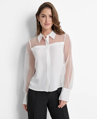 Dkny Women's Mixed-Media Organza Long-Sleeve Blouse