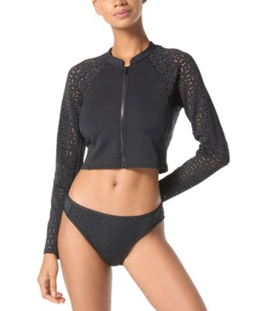 Michael Michael Kors Womens Laser Cut Long Sleeve Rash Guard Laser Cut Hipster Bikini Bottoms