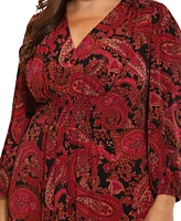 London Times Plus Paisley V-Neck Long-Sleeve Midi Dress