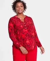 I.n.c. International Concepts Plus Printed Split-Neck Long-Sleeve Top, Created for Macy's