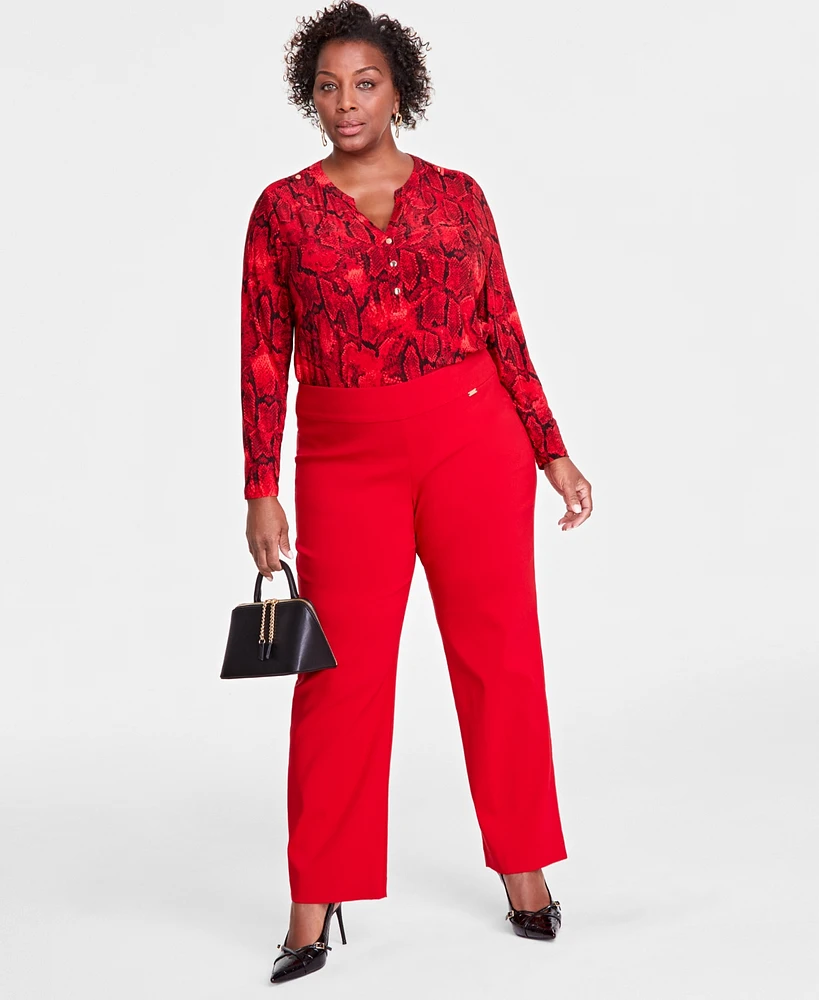 I.n.c. International Concepts Plus Printed Split-Neck Long-Sleeve Top, Created for Macy's