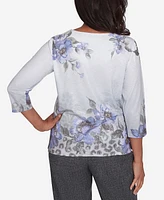 Alfred Dunner Petite Worth Avenue Beaded Split Neck Floral Shimmer Top