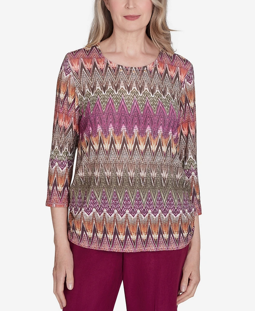 Alfred Dunner Petite Wine Country Chevron Textured Crew Neck Top