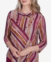 Alfred Dunner Petite Wine Country Spliced Stripe Necklace Top