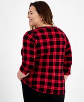 Style & Co Plus Printed Cotton Boat-Neck 3/4-Sleeve Top, Created for Macy's
