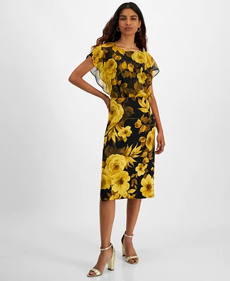 Connected Petite Printed Round-Neck Overlay Midi Dress