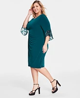 Connected Plus Size Lace-Cuff 3/4-Sleeve Chiffon Dress